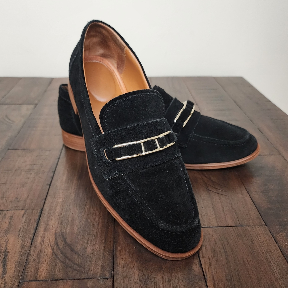 Franco Sarto Black Leather Suede Slip-on Penny Loafers Sz9 Casual Dark Academia